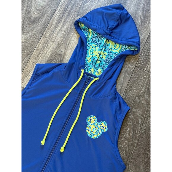 DISNEY PARKS MICKEY MOUSE MOSAIC BLUE HOODED FULL ZIP VEST WOMENS SIZE SMALL ZIP - Picture 2 of 9